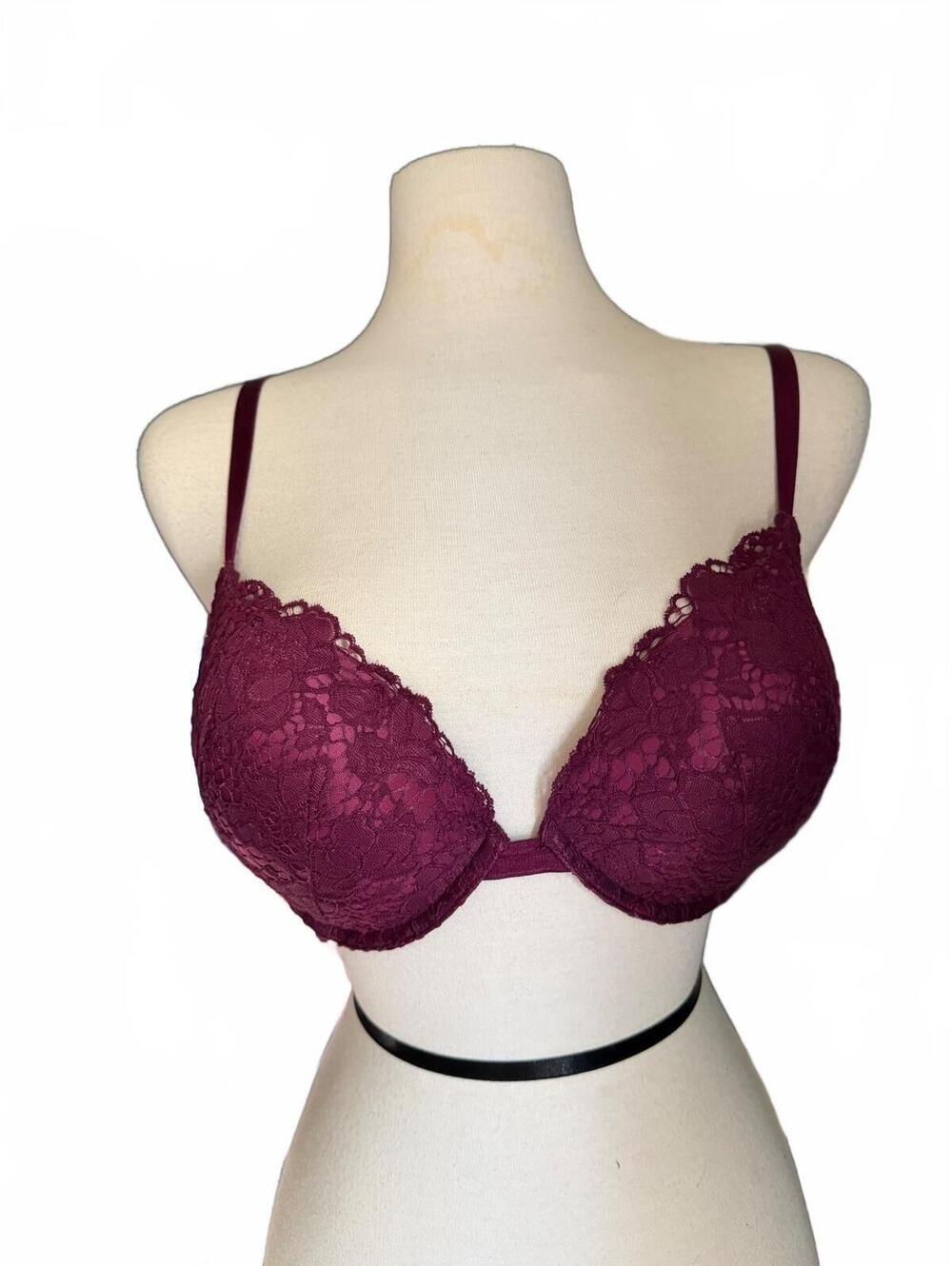 Victoria's Secret Very Sexy Push Up Bra Burgundy Lace Sheer Cut Out Strappy 36D